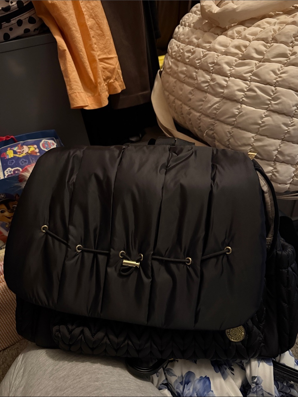 Black Quilted DIAPER Puffer Crossbody Bag with Braided Trim and backpack straps
